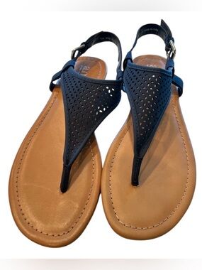 a.n.a Navy Perforated T-Strap Sandals with Tan Footbed NWT